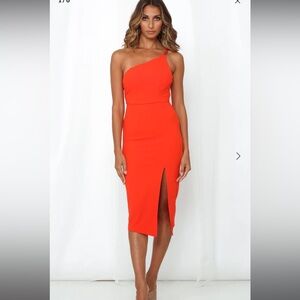 Hello Molly Bright Orange One-Shoulder Midi Dress